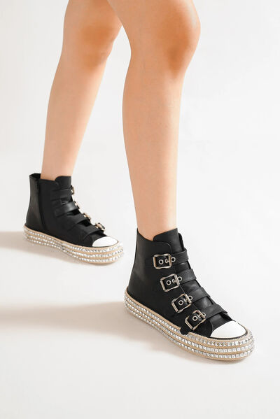Fashion Multi-Buckle Straps Studded Platform Sneakers- Black