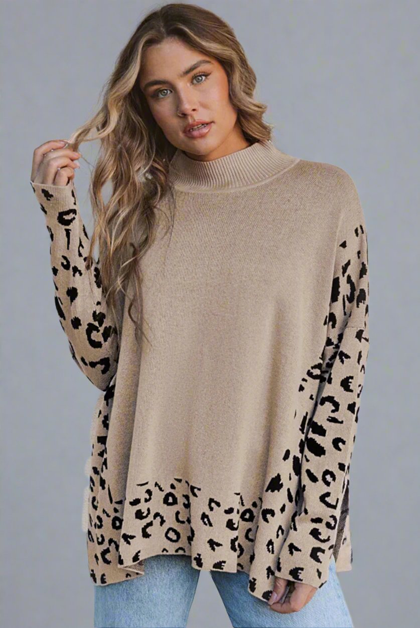 Leopard Accented High Neck Side Slit Oversized Relaxed Sweater | LIKI BRAND