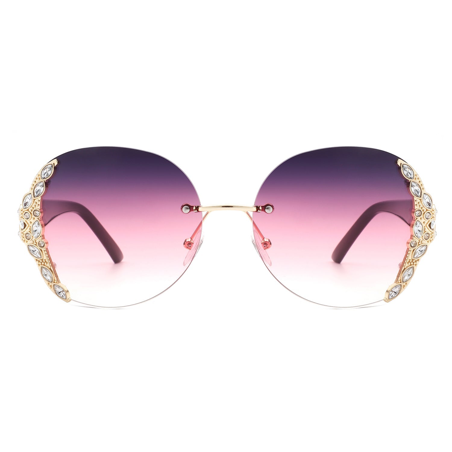 Black Oval Rimless Rhinestone Round Oversize Sunglasses