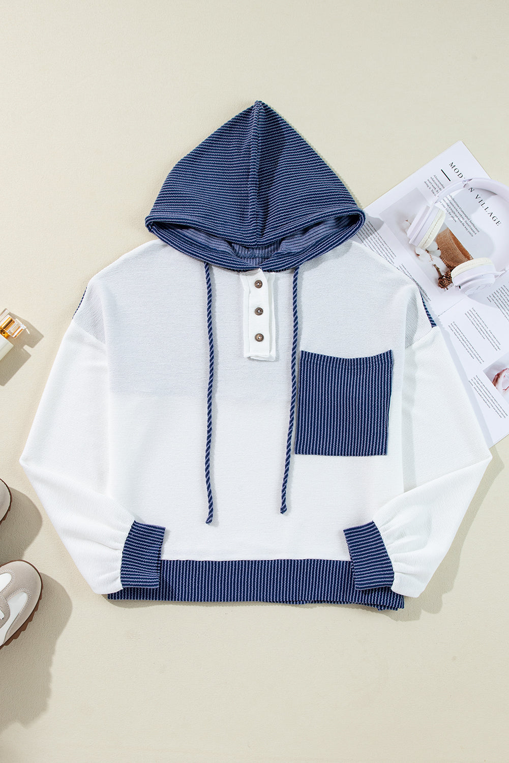 Corded Colorblock Patch Pocket Drawstring Hoodie Top