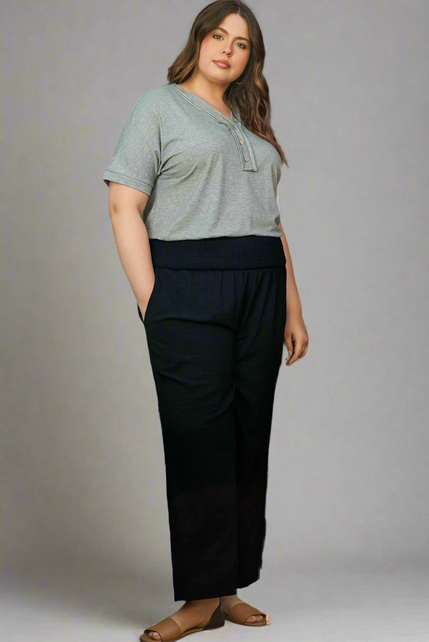 Plus Size Shirred High Waist Wide Leg Pants