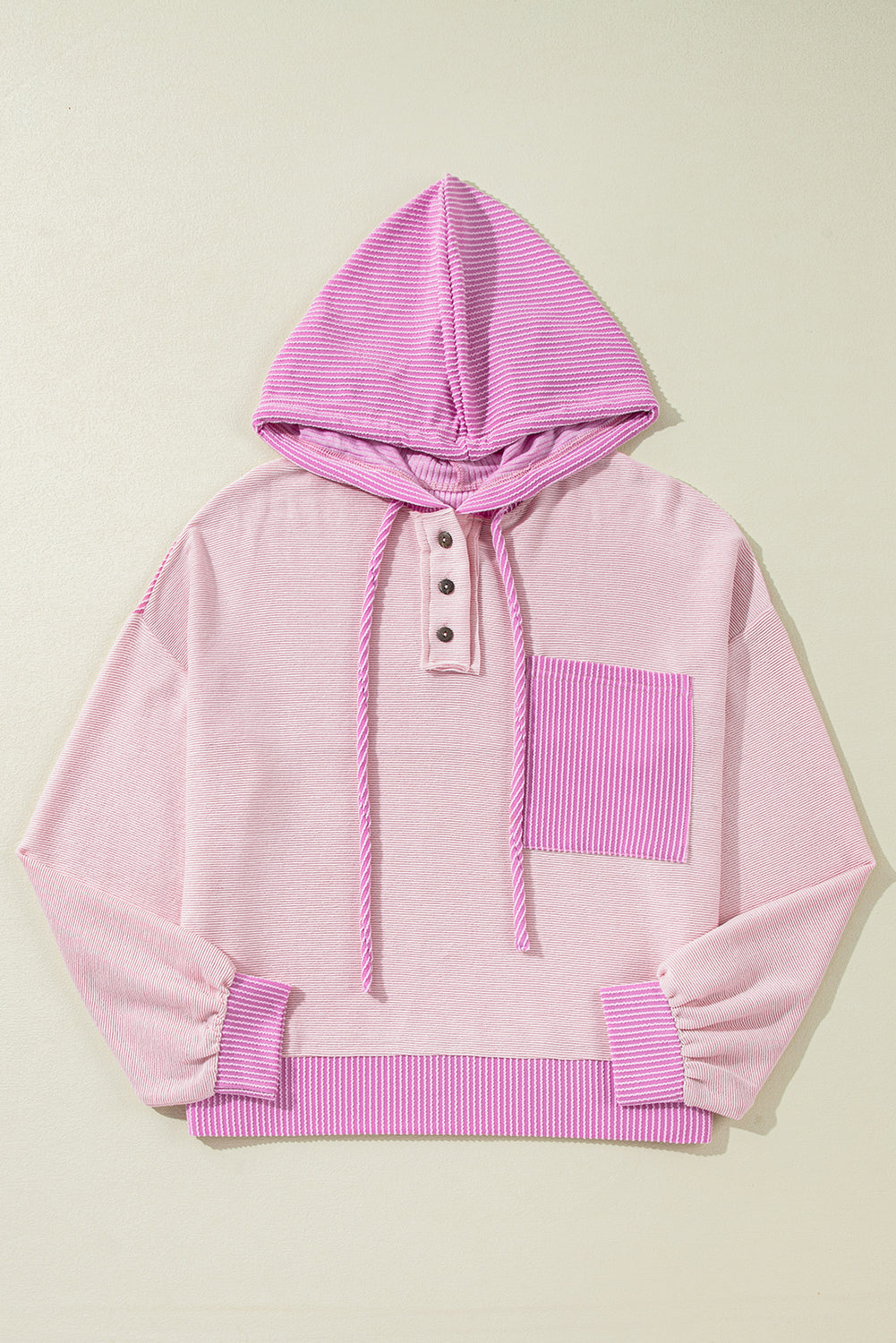 Corded Colorblock Patch Pocket Drawstring Hoodie Top
