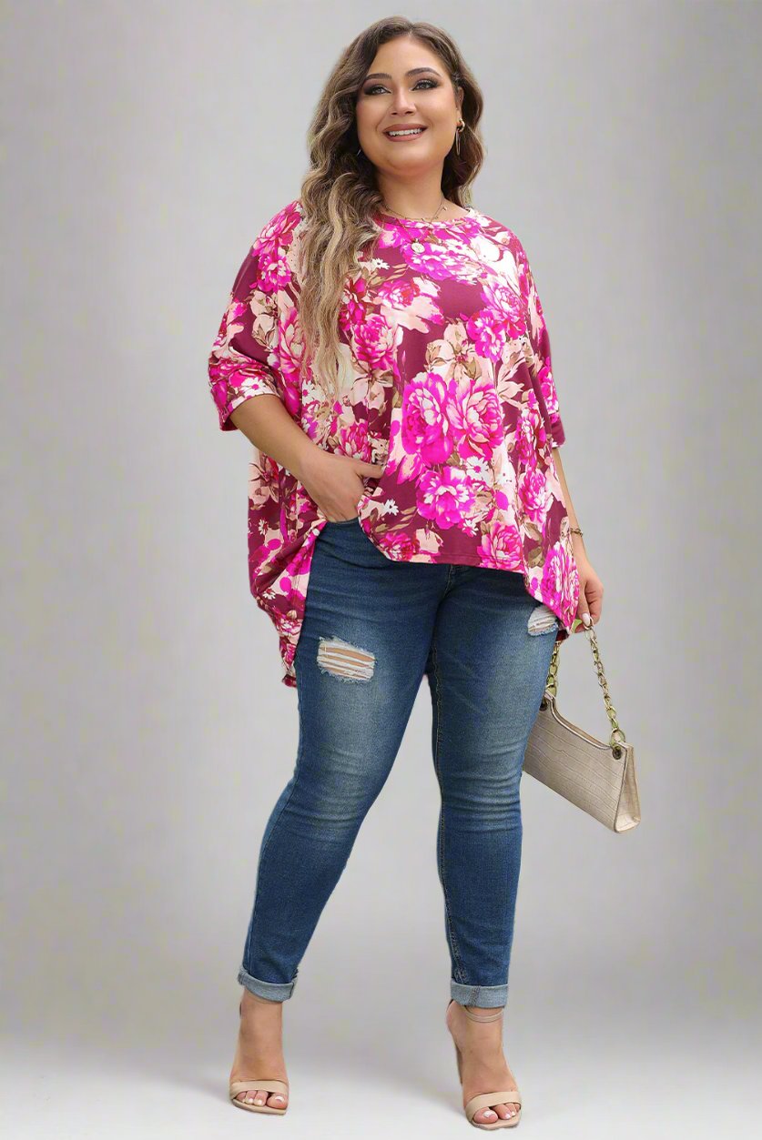 Plus Size Red Floral Print Short Sleeve Blouse