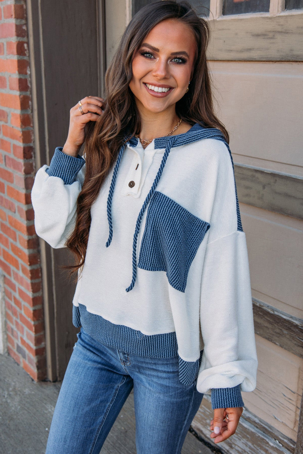 Corded Colorblock Patch Pocket Drawstring Hoodie Top